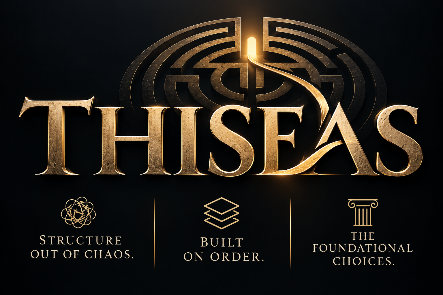 Official THISEAS artwork: gold lettering and a maze with a guiding thread on black. Structure out of chaos. Built on order. The foundational choices.